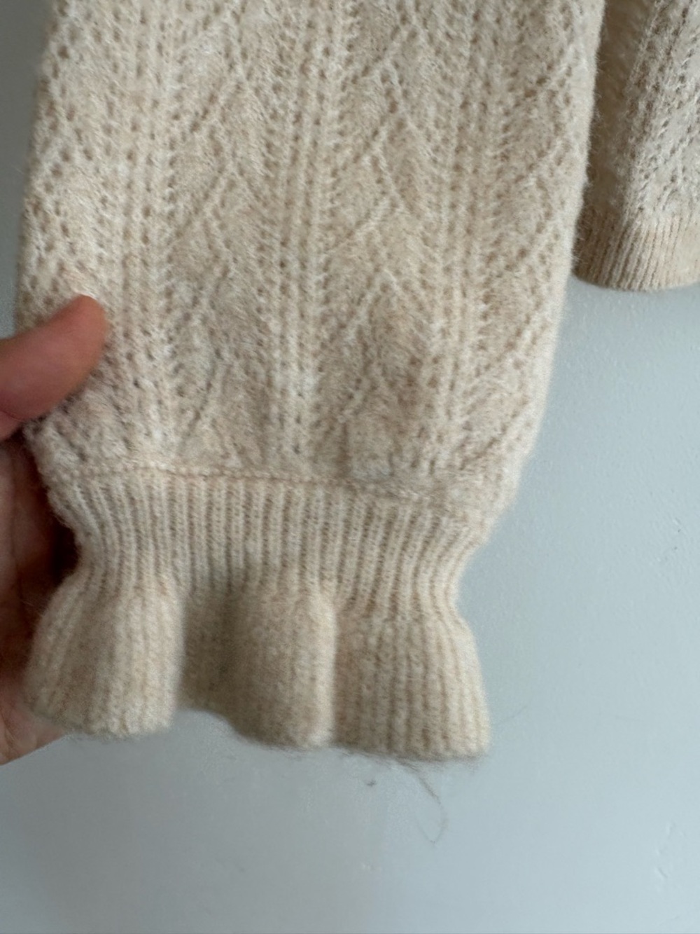 Boden Wool Mohair Blend Fluffy Pointelle Cardigan Ruffle Sleeve V Neck Cream 6 - Picture 6 of 10